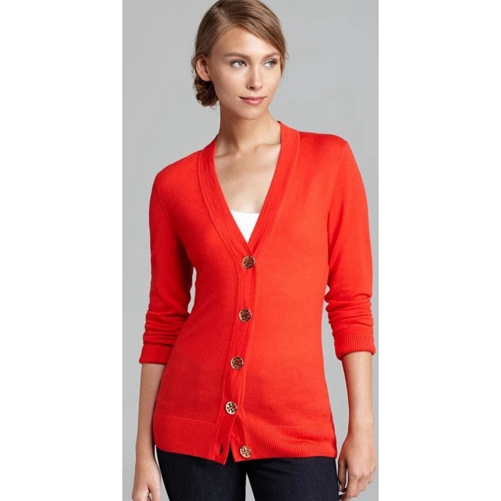Tory Burch Simone Cardigan Orange Cotton Logo Button Sweater Preppy Career XL